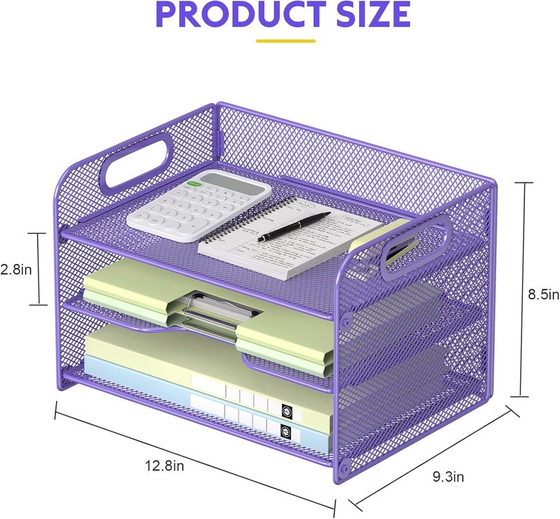 Samstar 3 Tier Purple Letter Tray Paper Organizer with Handle, Mesh Desk Organizer Paper Sorter File Rack Shelves, Purple - Image 4
